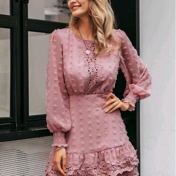 CONTRAST LACE BLUSH POLKA DOT GLAMOROUS DRESS - Picture 8 of 16